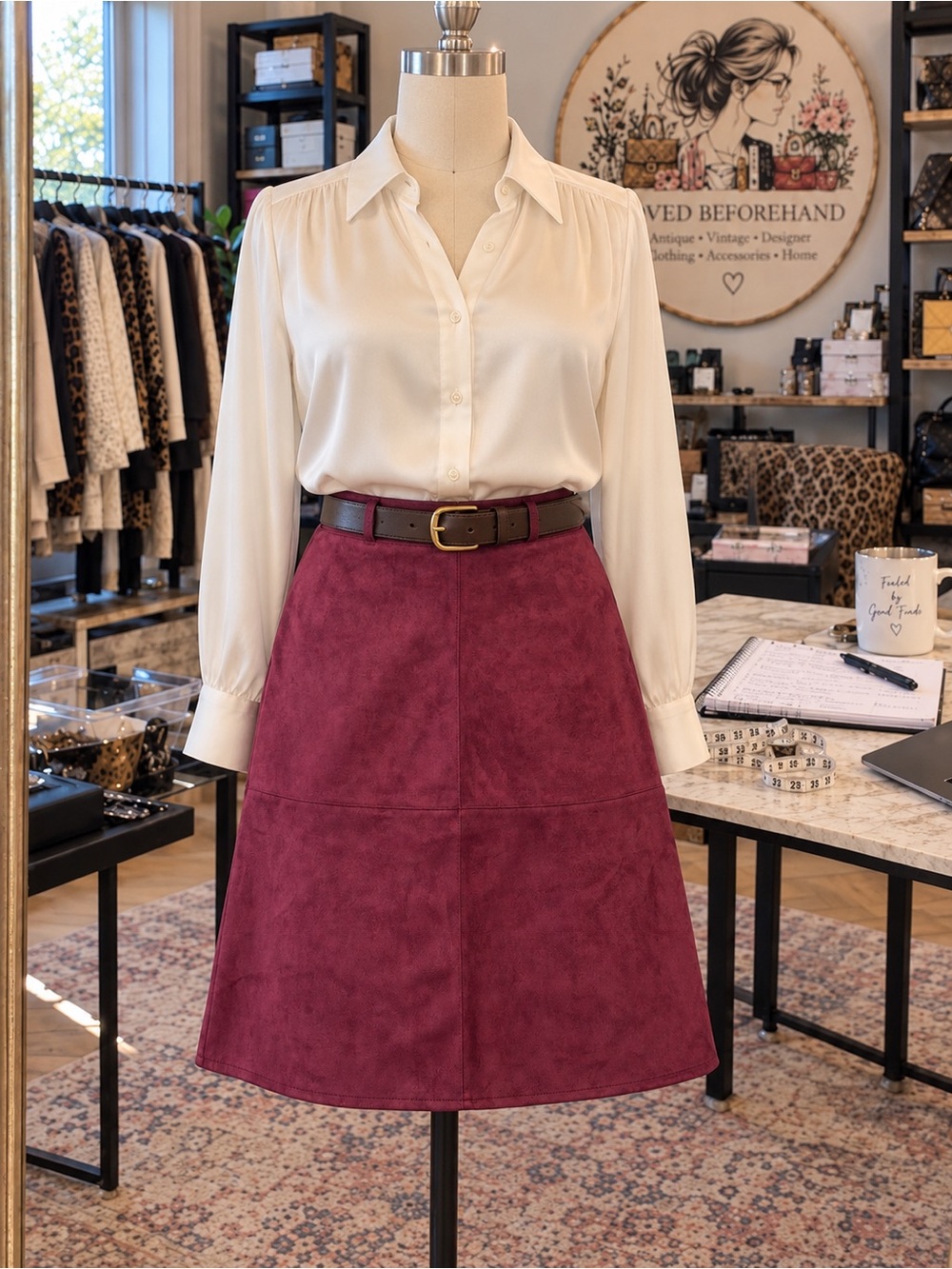 Lesley Sue Burgundy Faux Suede Midi Skirt